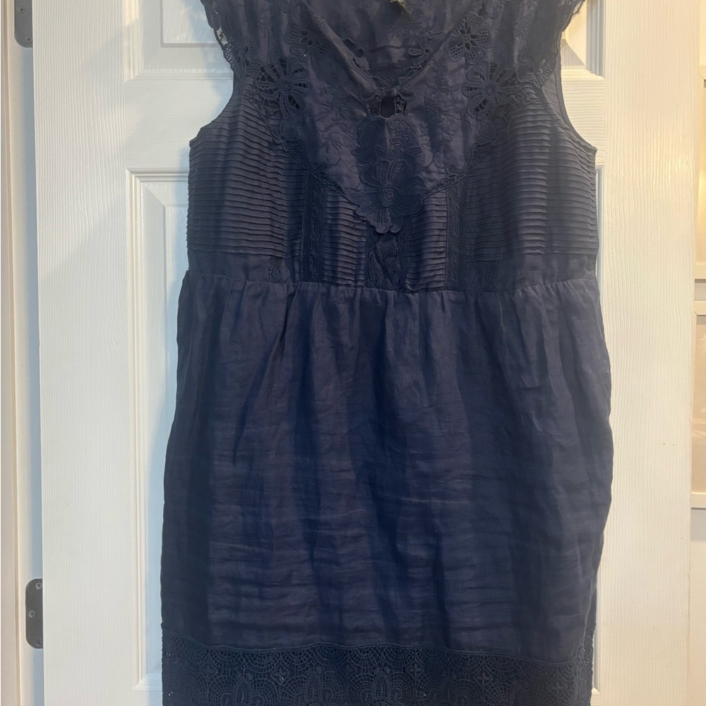 J. Crew Midnight Blue Linen embroidered shift dress, pre-worn in VG condition